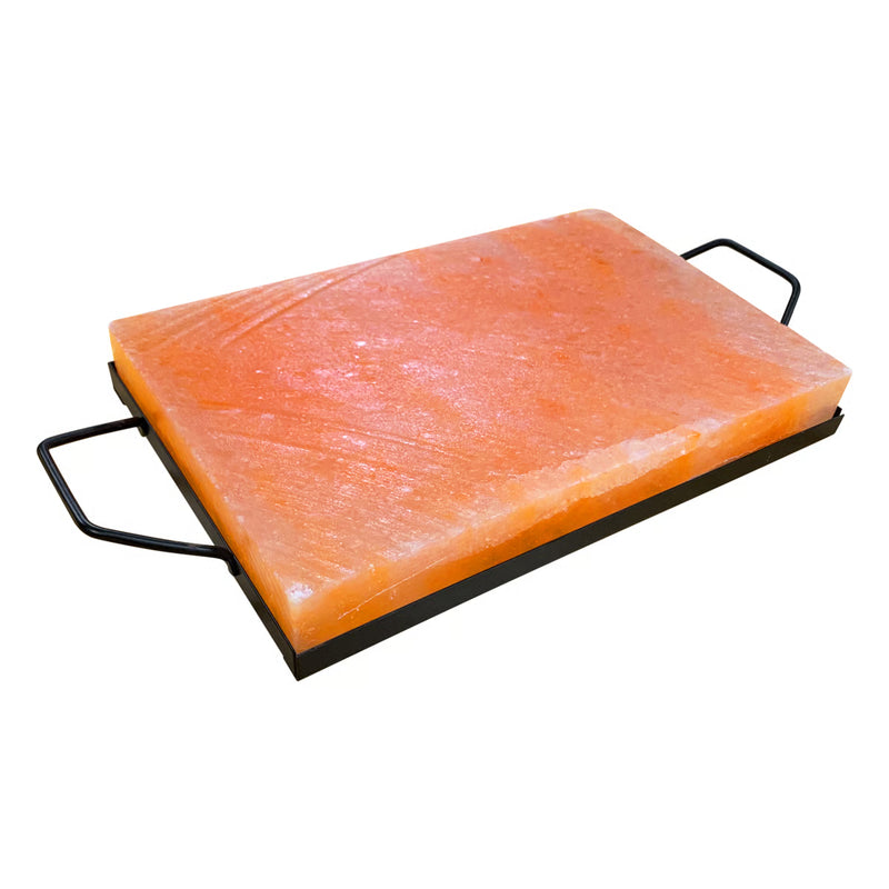 Pink Himalayan Salt Plank with Holder Tray in metal tray, ideal for grilling or chilling foods, enhancing flavors with subtle seasoning. Perfect for sophisticated cooking.