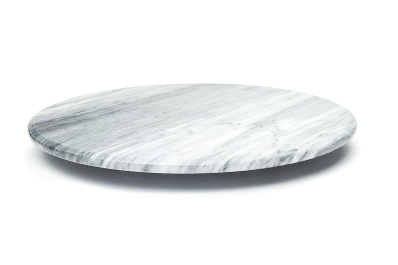 White Marble Lazy Susan, a 12-inch round Carrara marble serving board, ideal for smooth, silent rotation of dishes at gatherings.