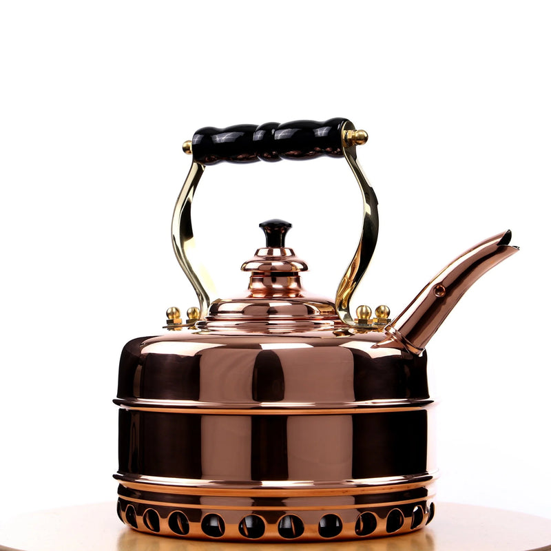 Simplex | Buckingham No. 1 & 3 tea kettle: polished copper with brass accents, curved spout, domed lid, and stay-cool beechwood handle for drip-free pouring.