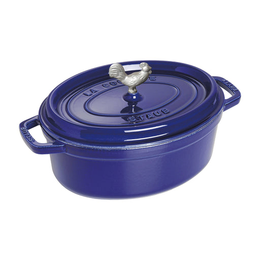 Staub | Coq au Vin Dutch Oven, Dark Blue, 5.75 QT, features a rooster handle on its lid, epitomizing Athens Cooks' quality kitchenware selection.