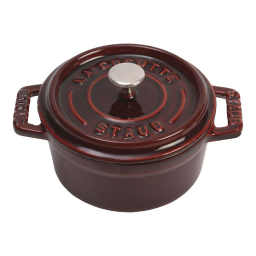 Staub | Mini Round Dutch Oven, Grenadine, 0.25 QT, perfect for single-serve dishes, features a self-basting lid and durable enameled cast iron design.