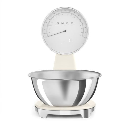 Smeg | Kitchen Scale with stainless-steel bowl, analog dial, LCD display, USB charging, and 5kg capacity; ideal for precise cooking measurements.