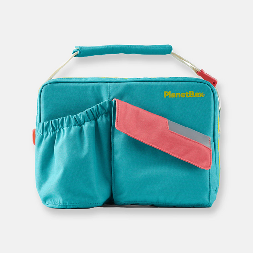 PlanetBox Rover-Launch Carry Bag - Watermelon, teal insulated tote with coral-pink flap, elastic pocket, perfect for lunchboxes and essentials, hand washable, adjustable strap for easy transport.