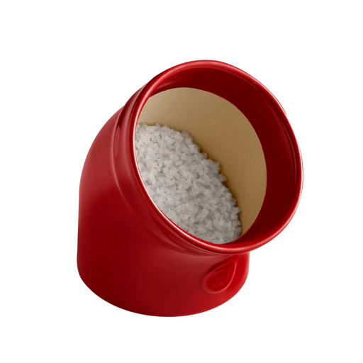 Emile Henry | The Salt Pig filled with coarse sea salt, showcasing its classic design for easy seasoning access in your kitchen.
