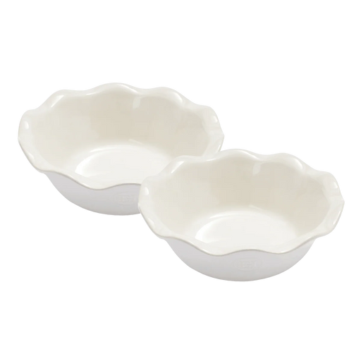 Emile Henry | Modern Classics Mini Pie Dish Set of 2, 5.5 x 1.5, featuring white ceramic with scalloped rims, ideal for even pie baking.