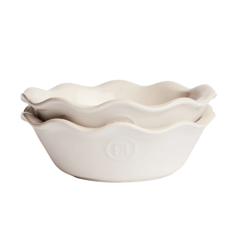 Emile Henry | Modern Classics Mini Pie Dish Set of 2, 5.5 x 1.5, featuring two nested cream ceramic dishes with scalloped rims, ideal for even pie baking.
