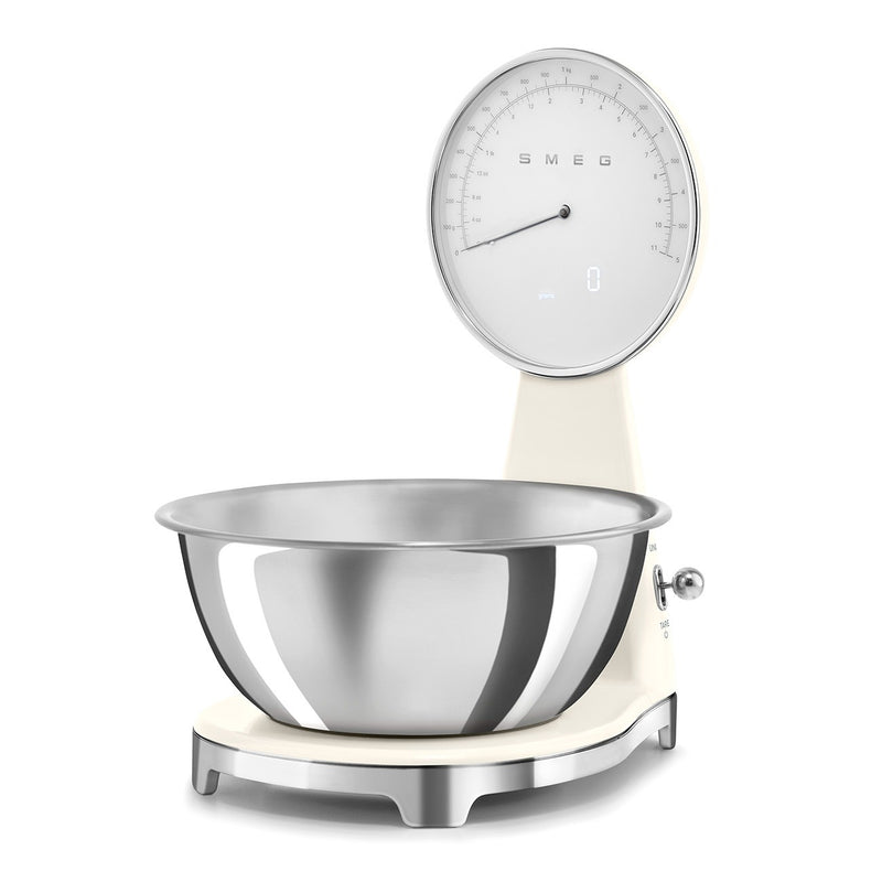 Smeg Kitchen Scale with analog and digital display, featuring a removable stainless-steel bowl, ideal for precise cooking in style.