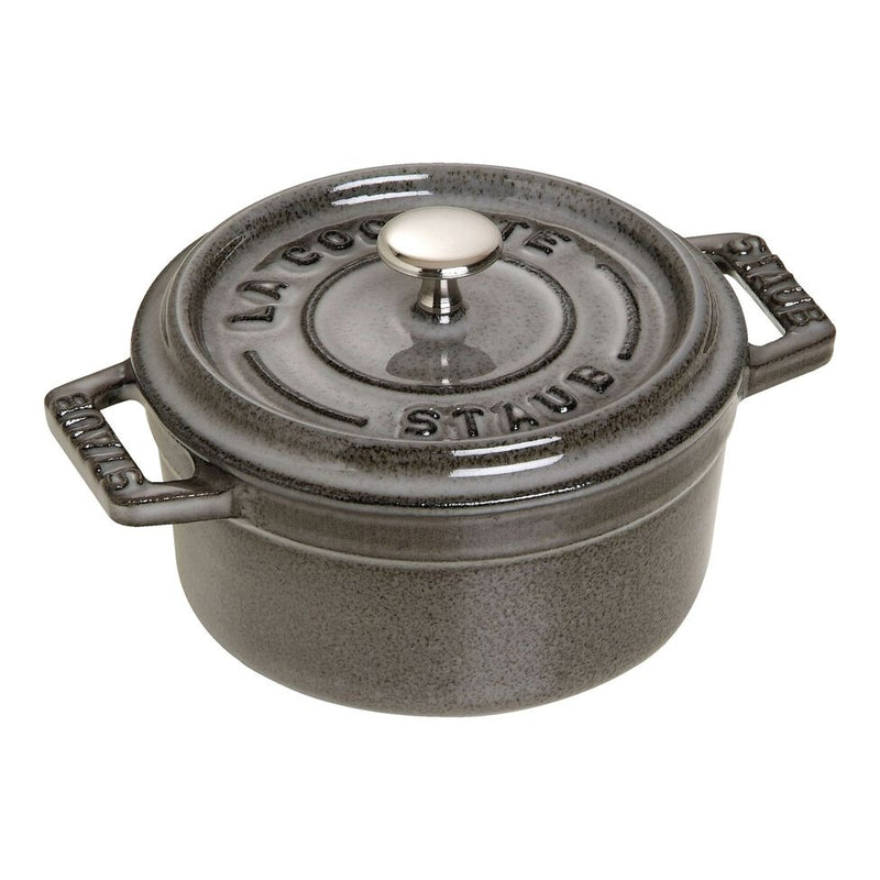 Staub | Mini Round Dutch Oven, Graphite, 0.275 QT., a compact enameled cast-iron pot with a self-basting lid and stainless-steel knob, ideal for single-serve dishes.