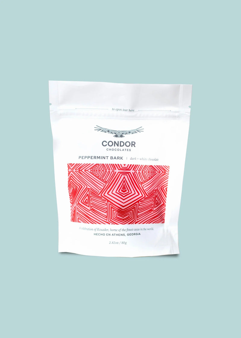 Condor Chocolates | Dark Chocolate Peppermint Bark in a resealable pouch, featuring a festive blend made in Athens, Georgia, perfect for holiday celebrations.