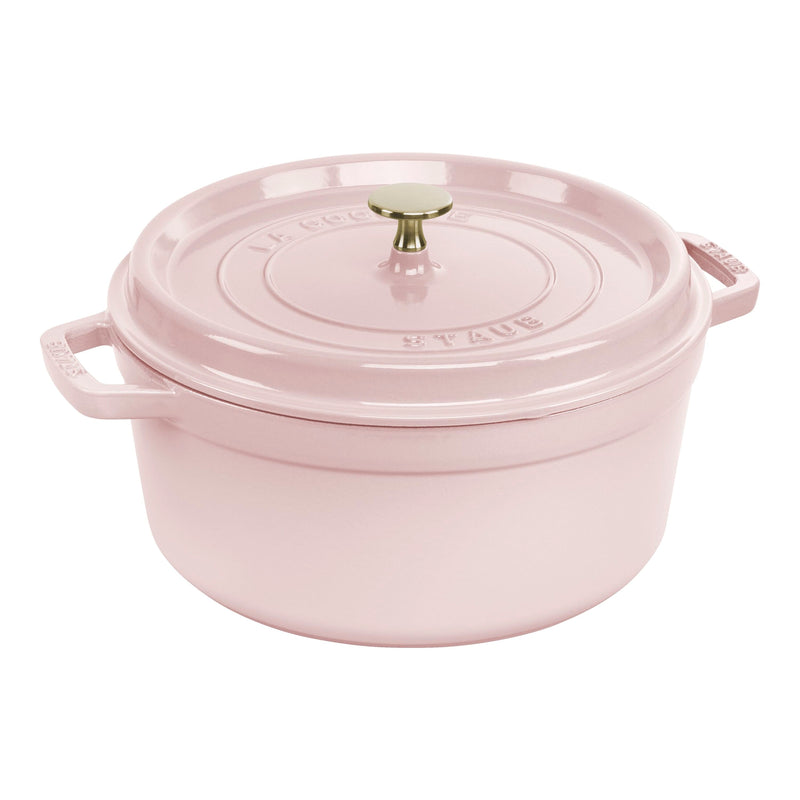 Staub | Round Dutch Oven, Pink Peony, 5.5 QT. features a snug-fitting lid, side handles, and a metal knob, perfect for versatile cooking.