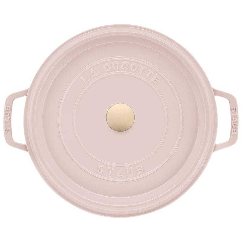 Staub | Round Dutch Oven, Pink Peony, 5.5 QT, featuring cast-iron handles, gold-tone knob, and LA COCOTTE STAUB lid lettering, ideal for versatile cooking.