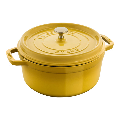 Staub | Mini Round Dutch Oven, Citron, 0.275 QT., featuring a yellow enameled cast-iron design with a self-basting lid and metal knob, ideal for single-serve dishes.