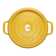 Staub | Mini Round Dutch Oven, Citron, 0.275 QT - Top view showing lid with LA COCOTTE and STAUB embossed, featuring handles, ideal for single-serve dishes.