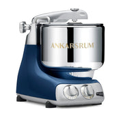 Ankarsrum | Stand Mixers: Countertop mixer with stainless-steel bowl on blue base, featuring dual control dials for versatile dough and batter preparation.