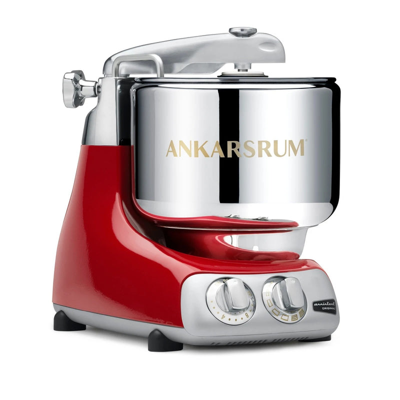 Ankarsrum Stand Mixer, Red, featuring a stainless-steel bowl, control dials, and top arm, perfect for versatile baking in your Athens Cooks kitchen.