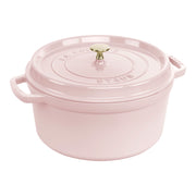 Staub | Round Dutch Oven, Pink Peony, 7 QT, featuring a pastel-pink enameled finish with dual side handles and a knobbed lid, ideal for cooking enthusiasts.