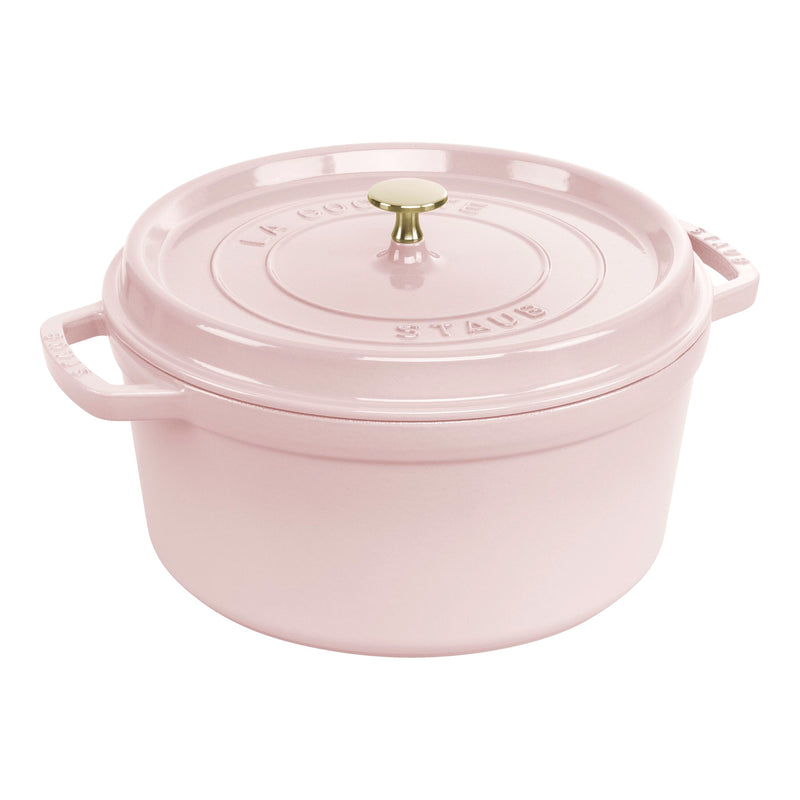 Staub | Round Dutch Oven, Pink Peony, 7 QT, featuring a pastel-pink enameled finish with dual side handles and a knobbed lid, ideal for cooking enthusiasts.
