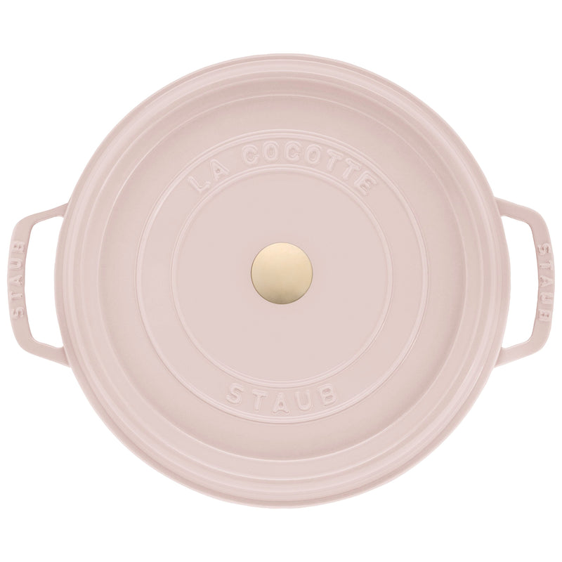 Staub | Round Dutch Oven, Pink Peony, 7 QT, featuring embossed lid and gold-tone knob, ideal for versatile cooking from Athens Cooks.