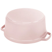 Staub Round Dutch Oven, Pink Peony, 7 QT, upside-down, showing side handles and Made in France 28 stamp, ideal for Athens Cooks' curated kitchen collection.