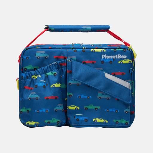 PlanetBox | Rover & Launch Carry Bag, Traffic Jam: Bright blue lunch bag with colorful cars, featuring two front pockets and a padded handle. Ideal for organized, fresh meals.
