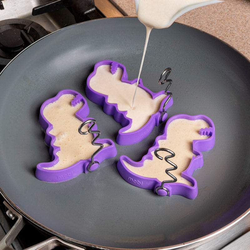 MOBI Dino Bite pancake mold with dinosaur-shaped pancakes