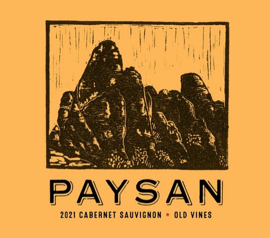 Paysan | Cabernet Sauvignon by Ian Brand, featuring mountain-themed art, highlighting the wine's robust, full-bodied profile from sustainable vineyards in San Benito County.