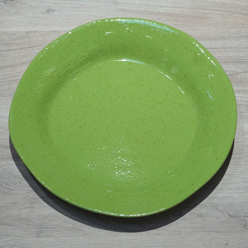 La Gabbianella | Lucca, Round Platter, Olive Green, features a 33cm handcrafted, speckled design, ideal for elegantly serving pasta or salad, embodying Italian craftsmanship.