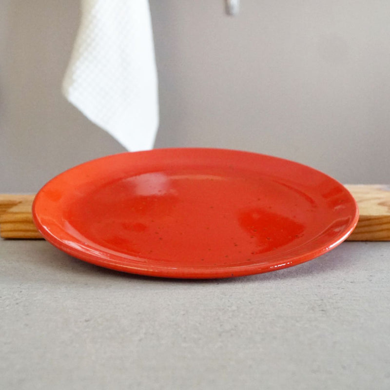 La Gabbianella | Pisa, Dinner Plate, Red: A round, glossy ceramic plate on a light-gray surface, exemplifying Italian craftsmanship, handmade and dishwasher safe.
