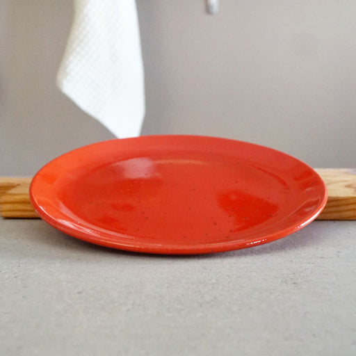 La Gabbianella | Pisa, Dinner Plate, Red: A round, glossy ceramic plate on a light-gray surface, exemplifying Italian craftsmanship, handmade and dishwasher safe.