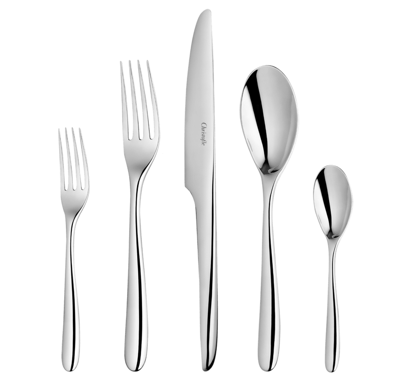 Christofle | 5-Piece Place Setting L'Ame de Christofle Stainless Steel: includes a dinner fork, dessert fork, dinner knife, tablespoon, and teaspoon, perfect for elegant dining.