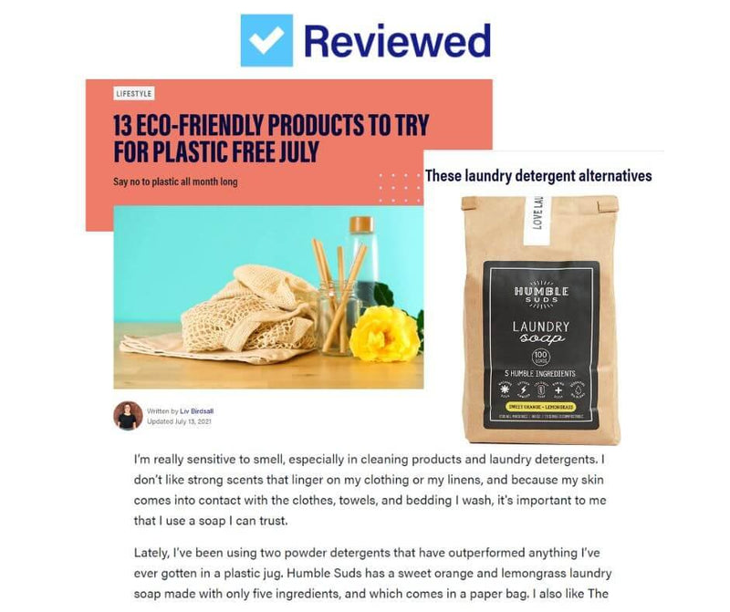 Humble Suds | Laundry Soap displayed on screen, emphasizing its earth-derived ingredients and compatibility with various washing machines.