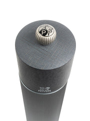 Peugeot | Line Pepper Mill - Carbon - 9, featuring a sleek cylindrical design with a distinctive logo on top, ideal for enhancing your kitchen tool collection.