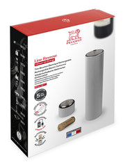 Peugeot | Line Reverse Corkscrew, Carbon: Brushed-metal electric corkscrew packaging showing its rechargeable design and capabilities, including 80 bottle autonomy and designed in France features.