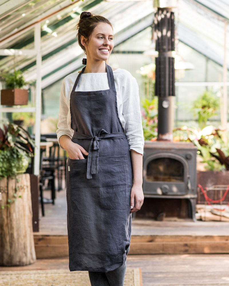 MagicLinen | Linen Bib Apron with Pockets, Charcoal Grey