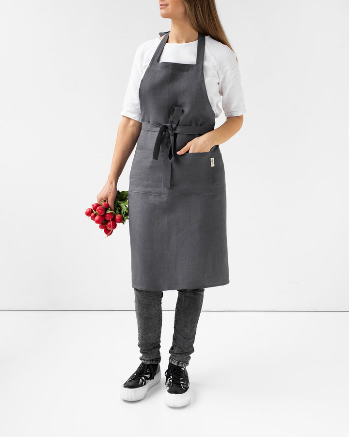 MagicLinen | Linen Bib Aprons - Charcoal Gray, featuring durable linen material, unisex fit, and stone-washed texture, ideal for cooking or gardening enthusiasts.
