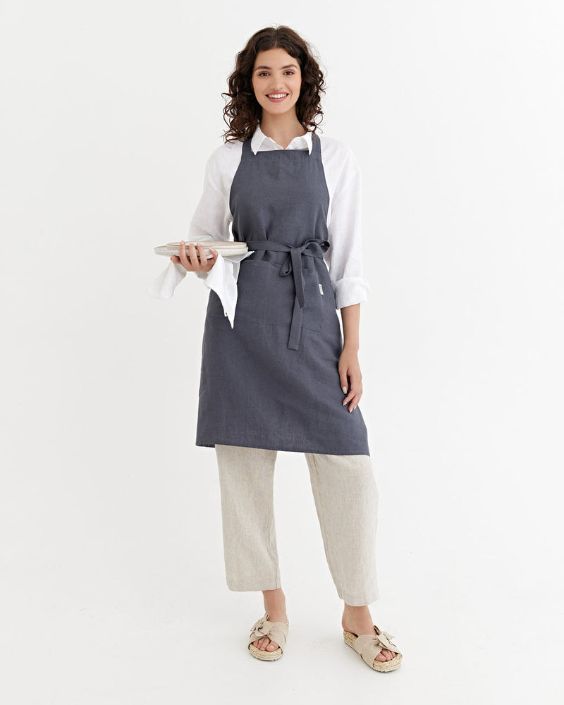 MagicLinen | Linen Bib Apron with Pockets, Charcoal Grey