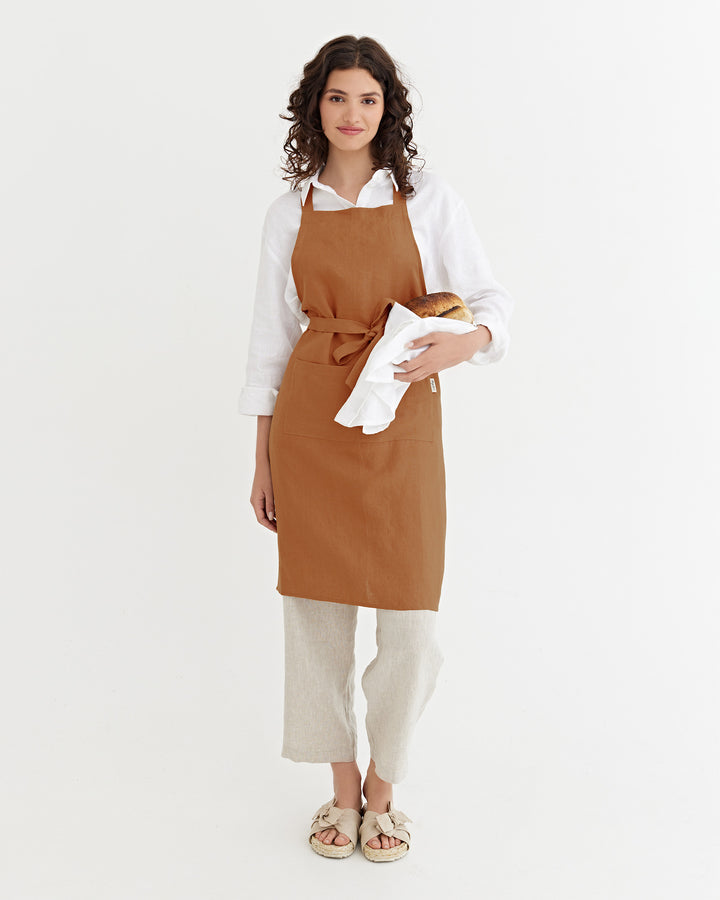 MagicLinen | Cinnamon Linen Bib Apron with Pockets
