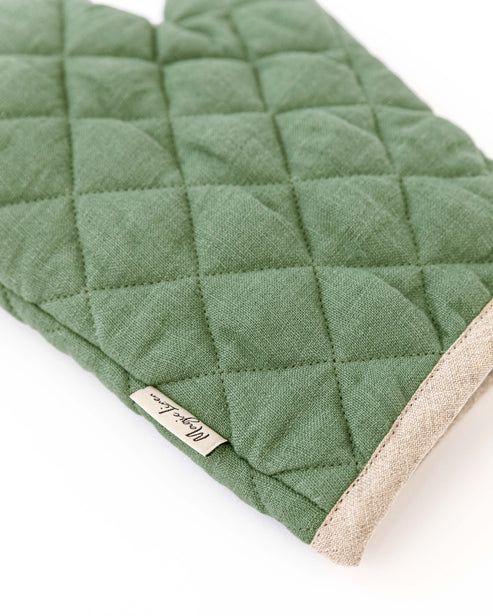 MagicLinen linen oven mitt with quilted exterior, designed for heat protection in cooking and baking, showcasing durable construction from Athens Cooks kitchen collection.