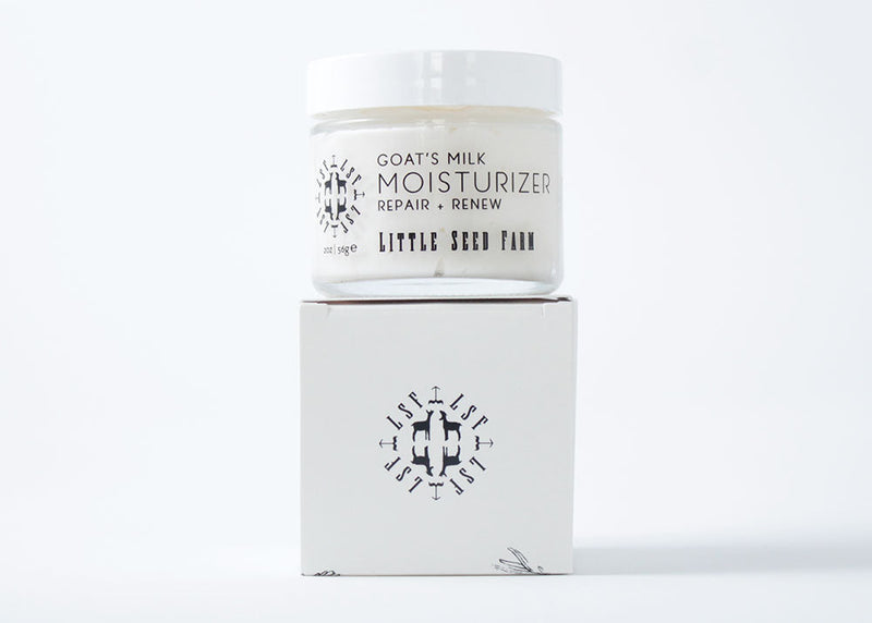 Little Seed Farm | Goat's Milk Moisturizer in a sleek jar, highlighting its nourishing blend of Goat’s Milk and botanical actives for a smooth, glowing complexion.