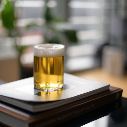 Bormioli | All Purpose Drinking Glasses, 15.5 oz, set of 6 displayed with pale beer, highlighting sleek Italian design on stacked books at Athens Cooks.