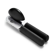 OXO Soft-Handled Can Opener with large cushioned handles, oversized knob, and stainless steel cutting wheel for easy can opening; includes a built-in bottle opener.