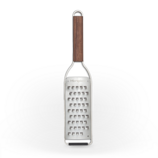 Microplane | Master Series Extra Coarse Grater with Walnut Handle, featuring a stainless-steel surface, wooden handle, rubber bumper, ideal for zesting and grating various ingredients.