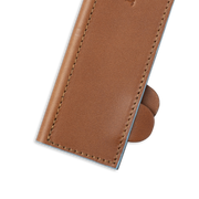 Messermeister Leather Magnetic Edge Guard, 10.5 inches, Brown; premium leather sleeve with fine stitching and pull-tab for secure knife protection and elegant storage.
