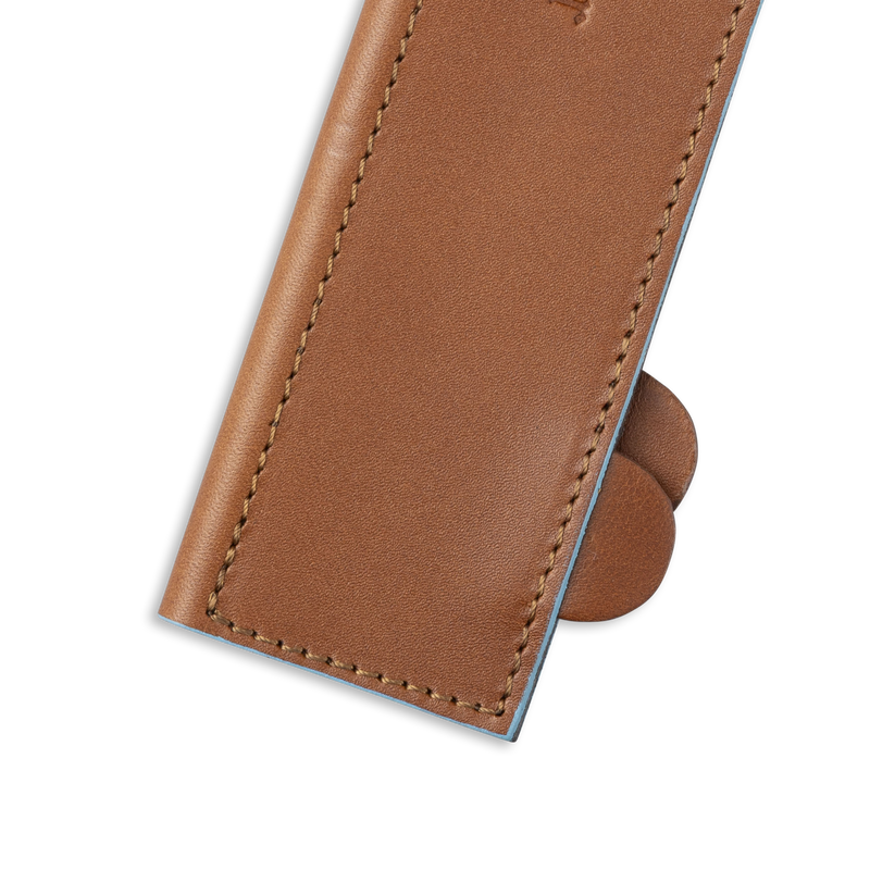 Messermeister Leather Magnetic Edge Guard, 10.5 inches, Brown; premium leather sleeve with fine stitching and pull-tab for secure knife protection and elegant storage.