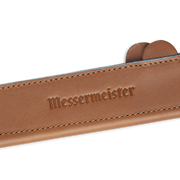 Messermeister Leather Magnetic Edge Guard, 6.5 inches, Brown, showing embossed brand and partial knife handles, offers stylish, durable protection for utility or boning knives.