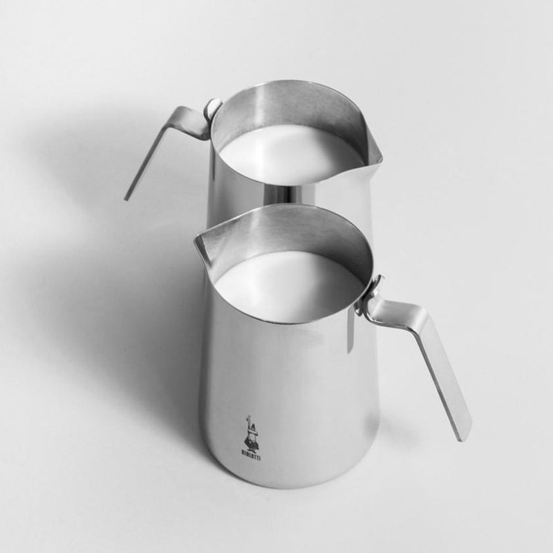 Bialetti | Milk Pitcher 50 Cl: Two stainless-steel frothing jugs with spouts and handles, ideal for heating and pouring milk froth for cappuccinos.