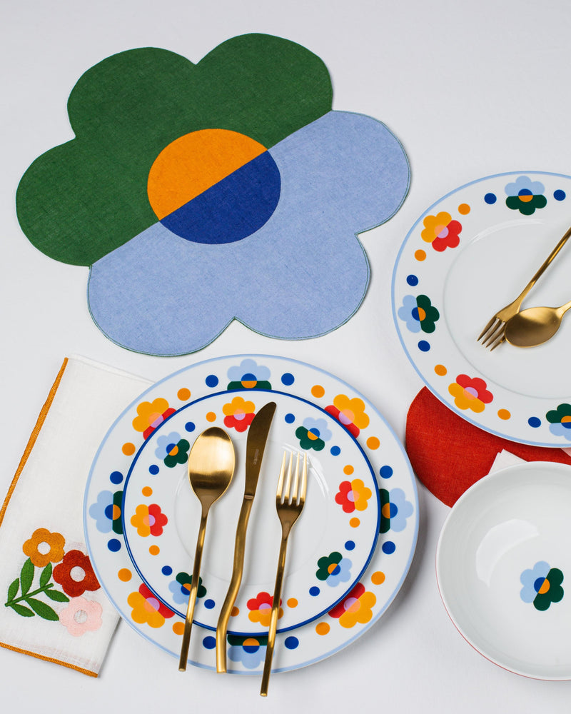 Misette | Jardin Embroidered Linen Scalloped Stripe Napkins with Color Backing in Blue