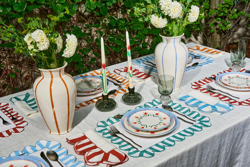 Misette | Jardin Embroidered Linen Scalloped Stripe Napkins with Color Backing in Blue