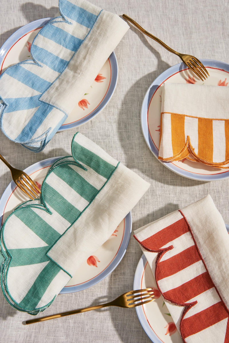 Misette | Jardin Embroidered Linen Scalloped Stripe Napkins, Green