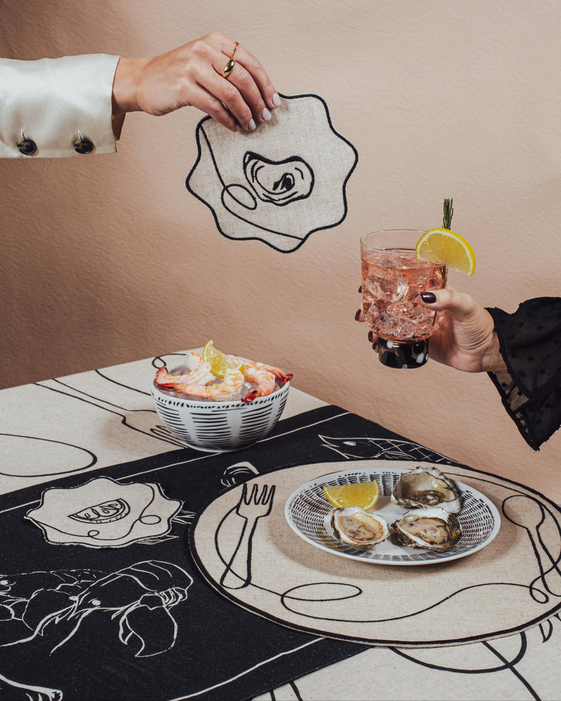 Misette | Jardin Embroidered Linen Scalloped Stripe Double-Sided Placemats in Blue